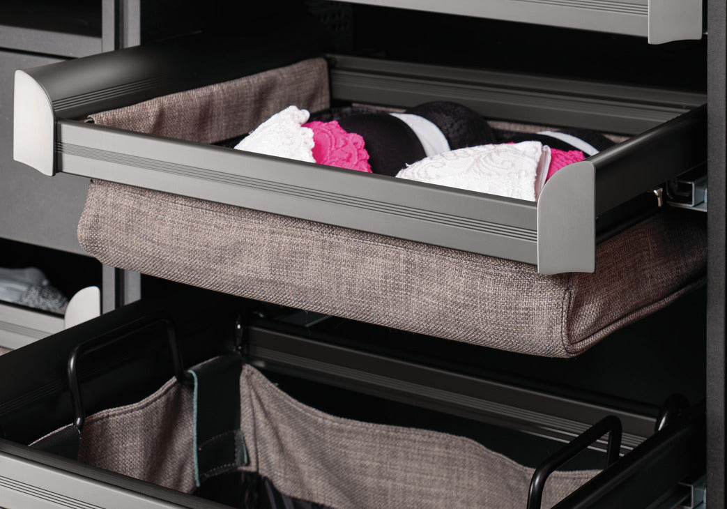 Häfele 807.77.013 TAG - Divided Lingerie Drawer, ENGAGE, Matte aluminum with slate fabric, 30" width