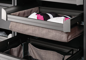 Häfele 807.77.012 TAG - Divided Lingerie Drawer, ENGAGE, Matte aluminum with slate fabric, 24" width