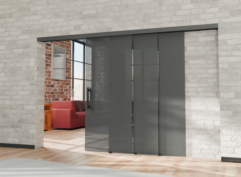 Häfele 941.03.026 Sliding Door Fitting, Slido D-Line11 120L Telescopic Opening, For glass sliding doors, door width 600–1250 mm, glass thickness 8–12.7 mm, for ceiling installation, For 2 doors, door weight ≤120 kg (264 lbs), silver colored