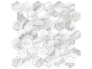 La Marca 2 Inch Hexagon Arabescato Honed Porcelain Mosaics. 1 Sheet = .96 Sq. Ft. 2