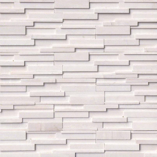 Arctic white 3D ledger panel 6X24 honed marble wall tile LPNLMARCWHI624 3DH product shot multiple tiles angle view