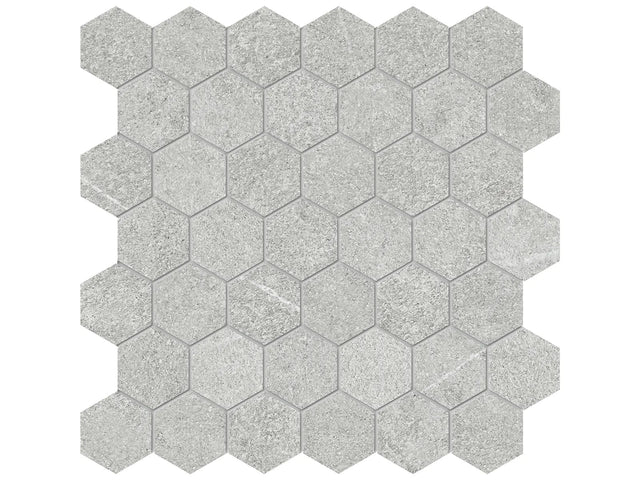 Anatolia Tile 2" Mjork Color Body Porcelain Ash Hexagon 42 Piece Mosaic 4501-0379-0 1 Sheet = .97 Sq. Ft." Ash 2" Hexagon - premium natural stone mosaic tile from Anatolia Tile, available at PoshHaus showroom in Keene, NH