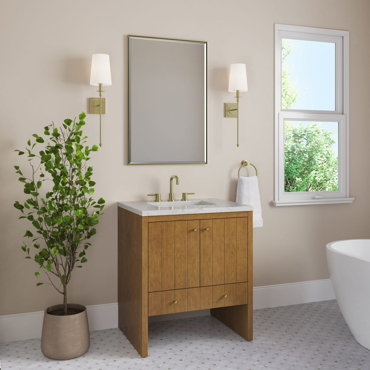 Hudson 30" Single Vanity, Honey Oak w/ 3 CM Eternal Jasmine Pearl Silestone Top