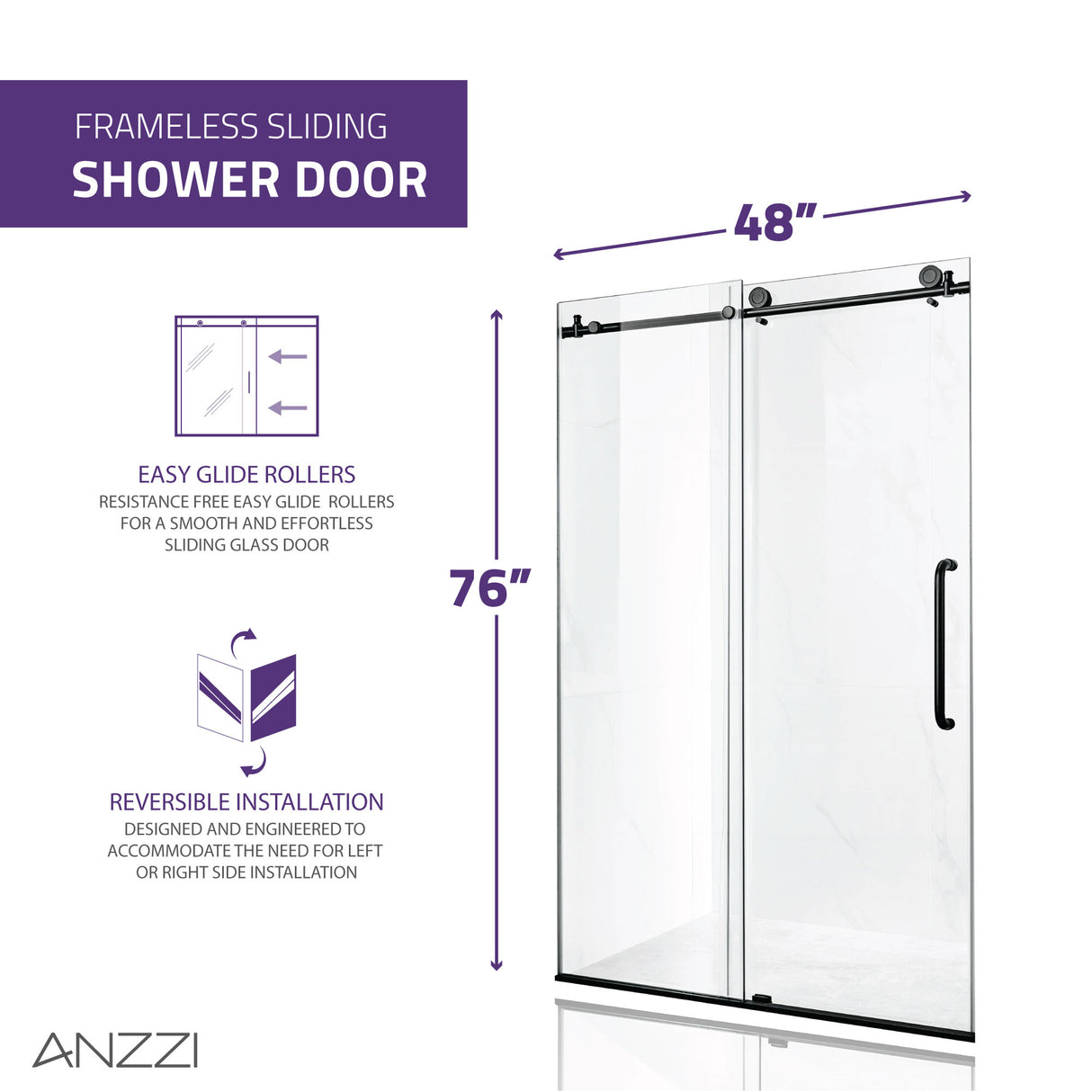 ANZZI SD-AZ13-01MB Madam Series 48 in. by 76 in. Frameless Sliding Shower Door in Matte Black with Handle