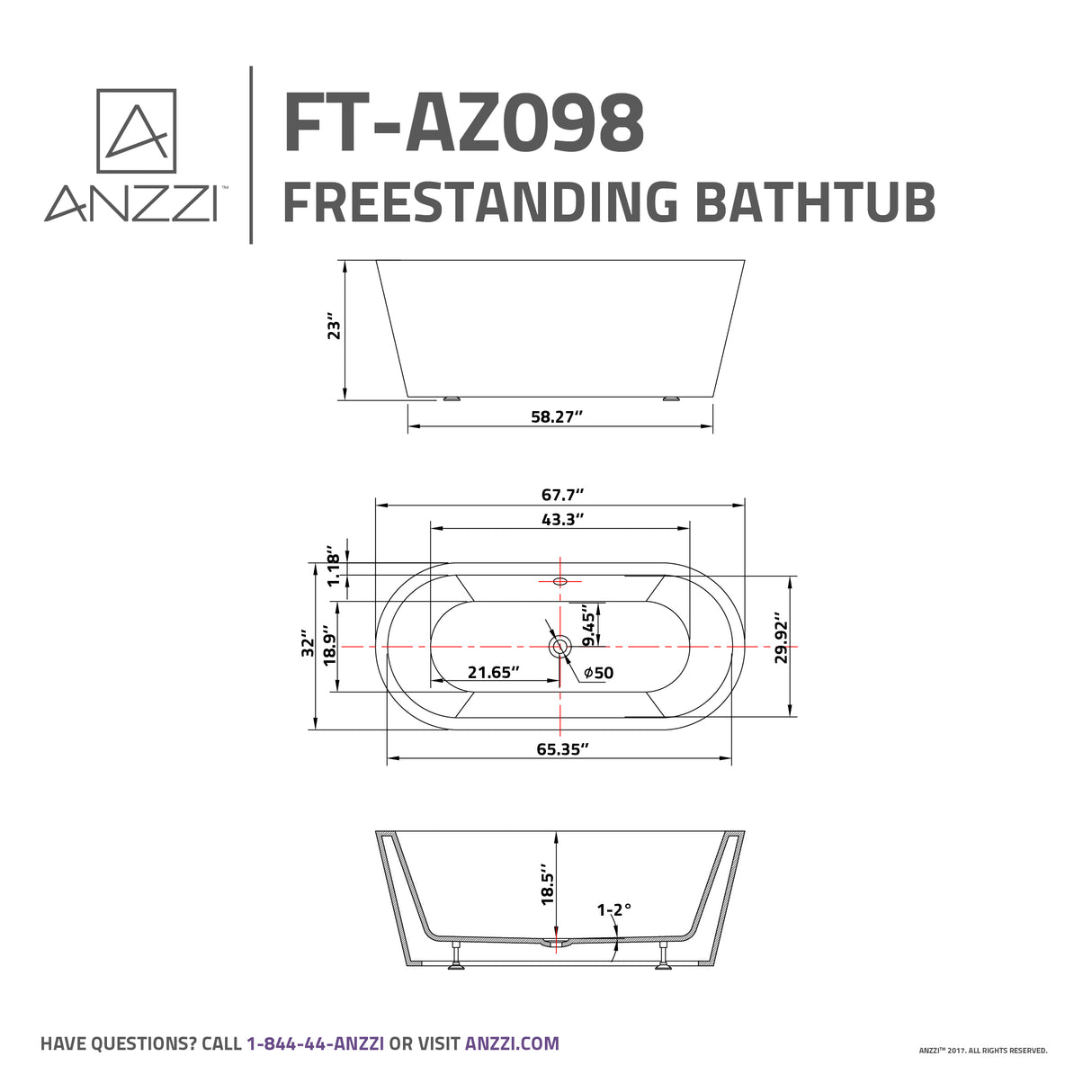 ANZZI FT-AZ098 Chand 67 in. Acrylic Flatbottom Freestanding Bathtub in White