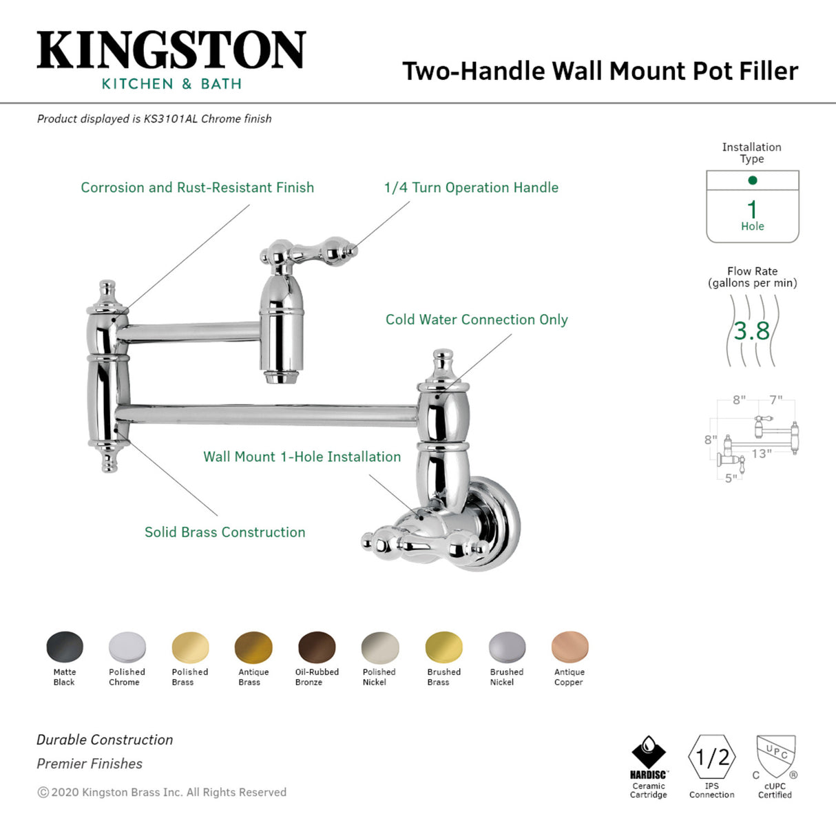 Kingston Brass KS3107AL Restoration Wall Mount Pot Filler Kitchen Faucet, Brushed Brass