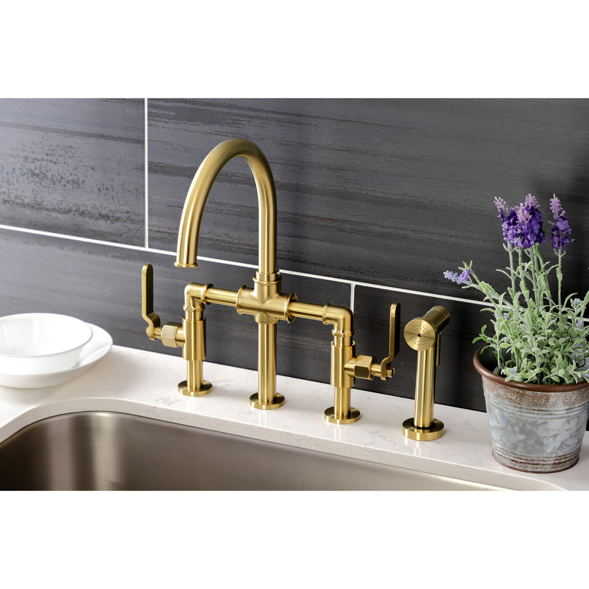 Kingston Brass KS2337KL Whitaker Industrial Style Bridge Kitchen Faucet with Brass Sprayer, Brushed Brass