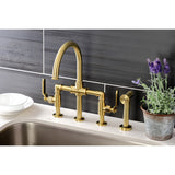 Kingston Brass KS2337KL Whitaker Industrial Style Bridge Kitchen Faucet with Brass Sprayer, Brushed Brass
