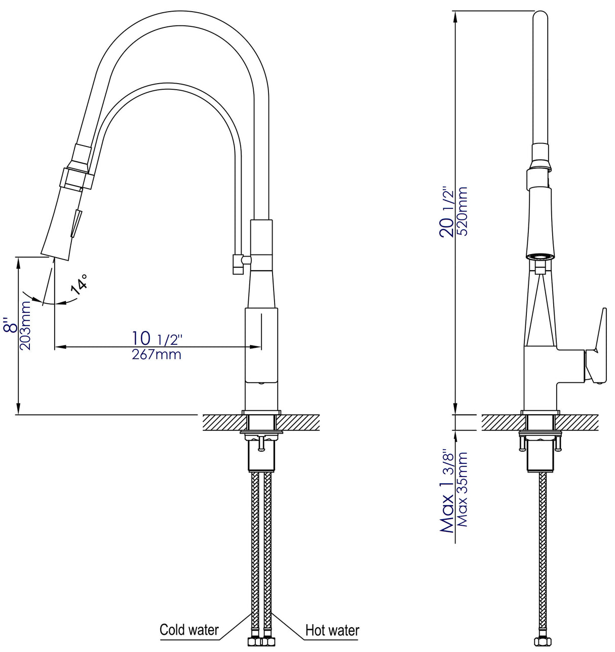 Brushed Nickel Square Kitchen Faucet with Black Rubber Stem