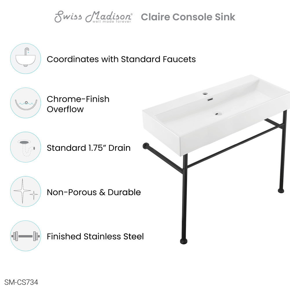 Claire 40 Ceramic Console Sink White Basin Black Legs