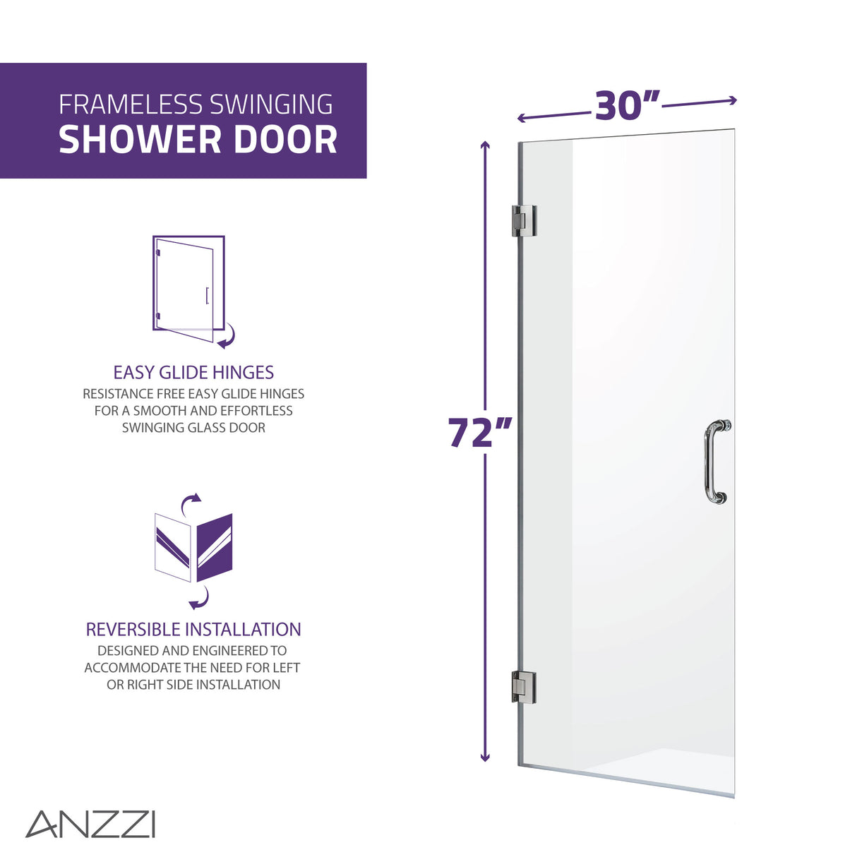 ANZZI SD-AZ8075-02MB Passion Series 30 in. x 72 in. Frameless Hinged Shower Door in Matte Black with Handle