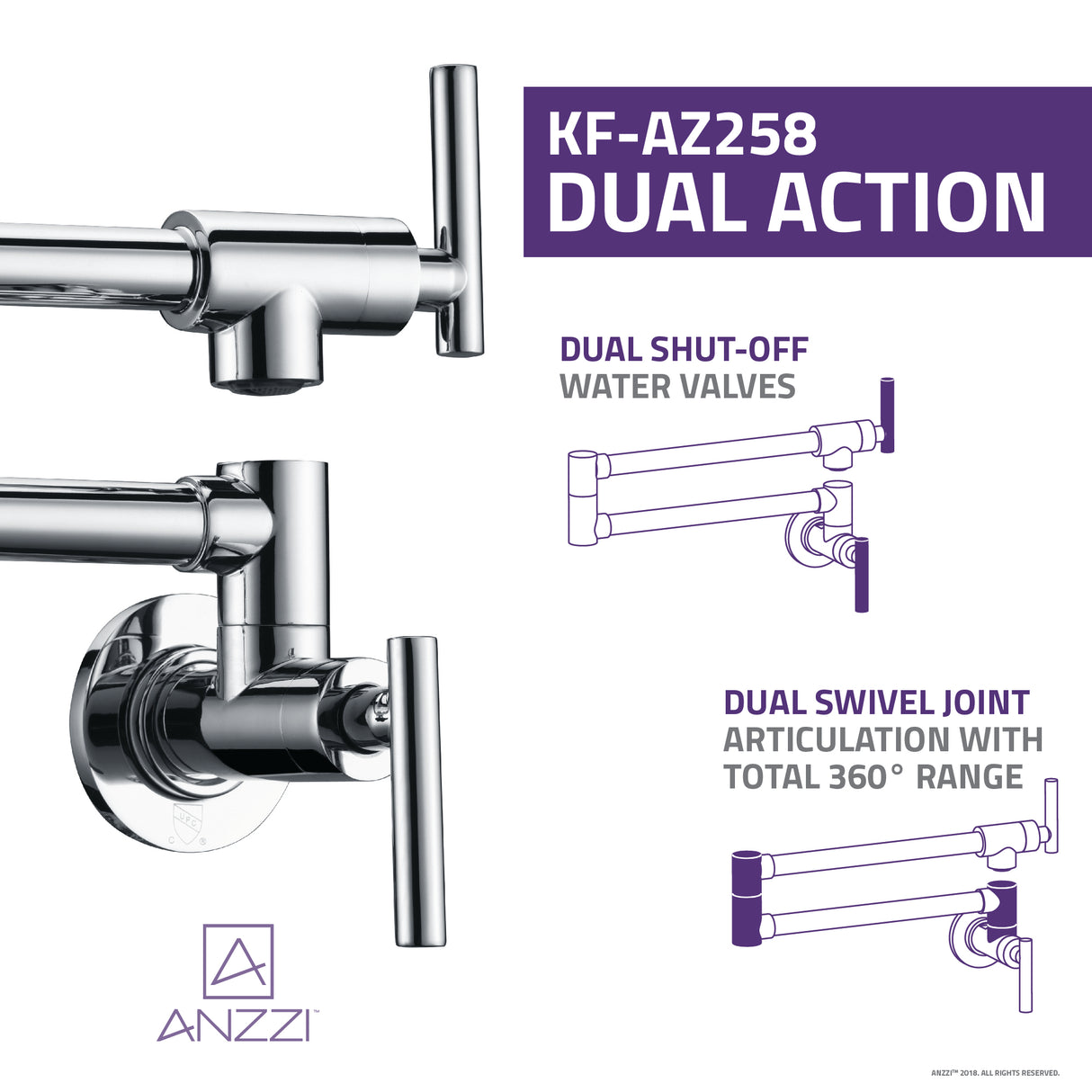 ANZZI KF-AZ258CH Braccia Series 24" Wall Mounted Pot Filler in Polished Chrome