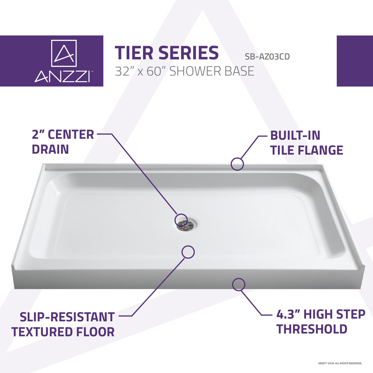 ANZZI SB-AZ03CD Tier 32 x 60  in. Center Drain Single Threshold Shower Base in White