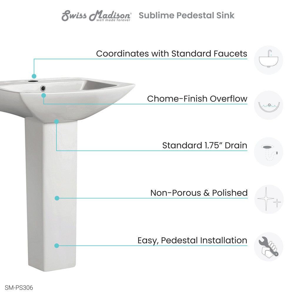 Sublime Pedestal Bathroom Sink Square Single Faucet Hole