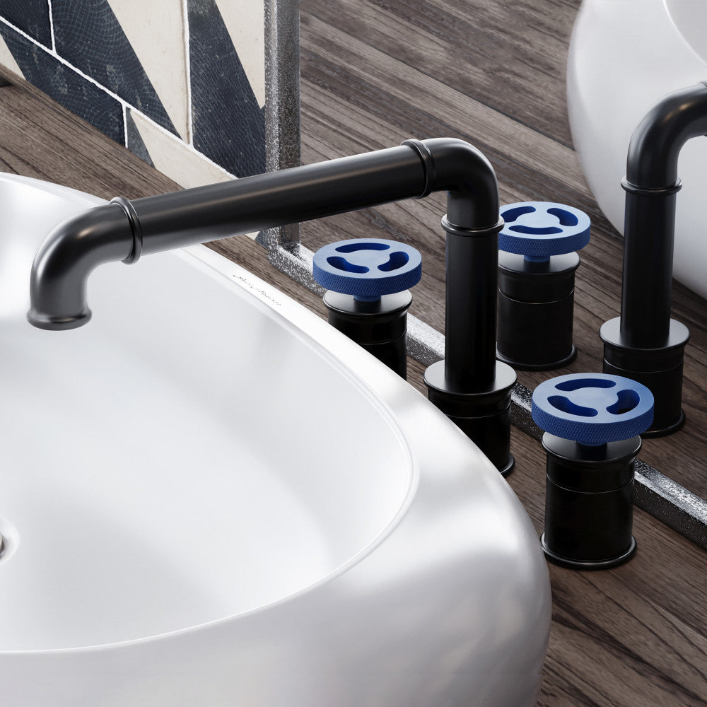 Avallon 8 in. Widespread, 2-Handle Wheel, Bathroom Faucet in Matte Black with Blue Handles