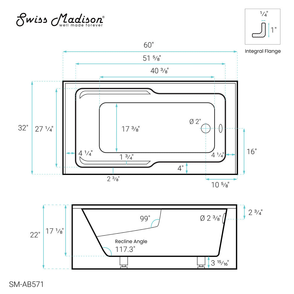 Claire 60" x 32" Right-Hand Drain Drain Alcove Tub with Corner Apron