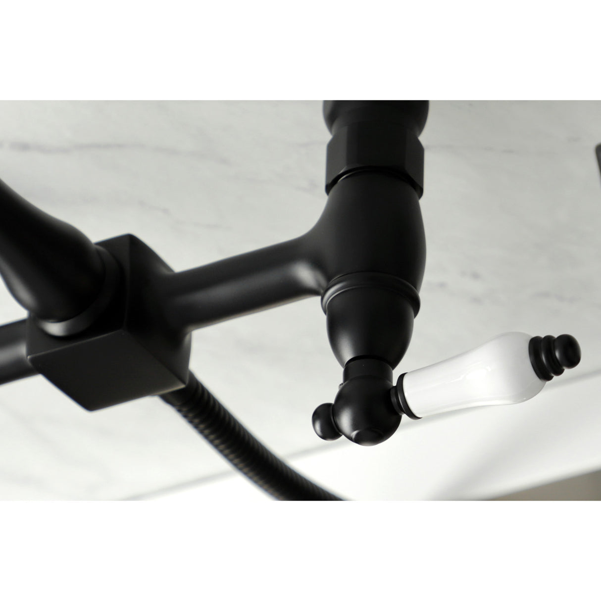 Kingston Brass KS1260PLBS Heritage Wall Mount Bridge Kitchen Faucet with Brass Sprayer, Matte Black