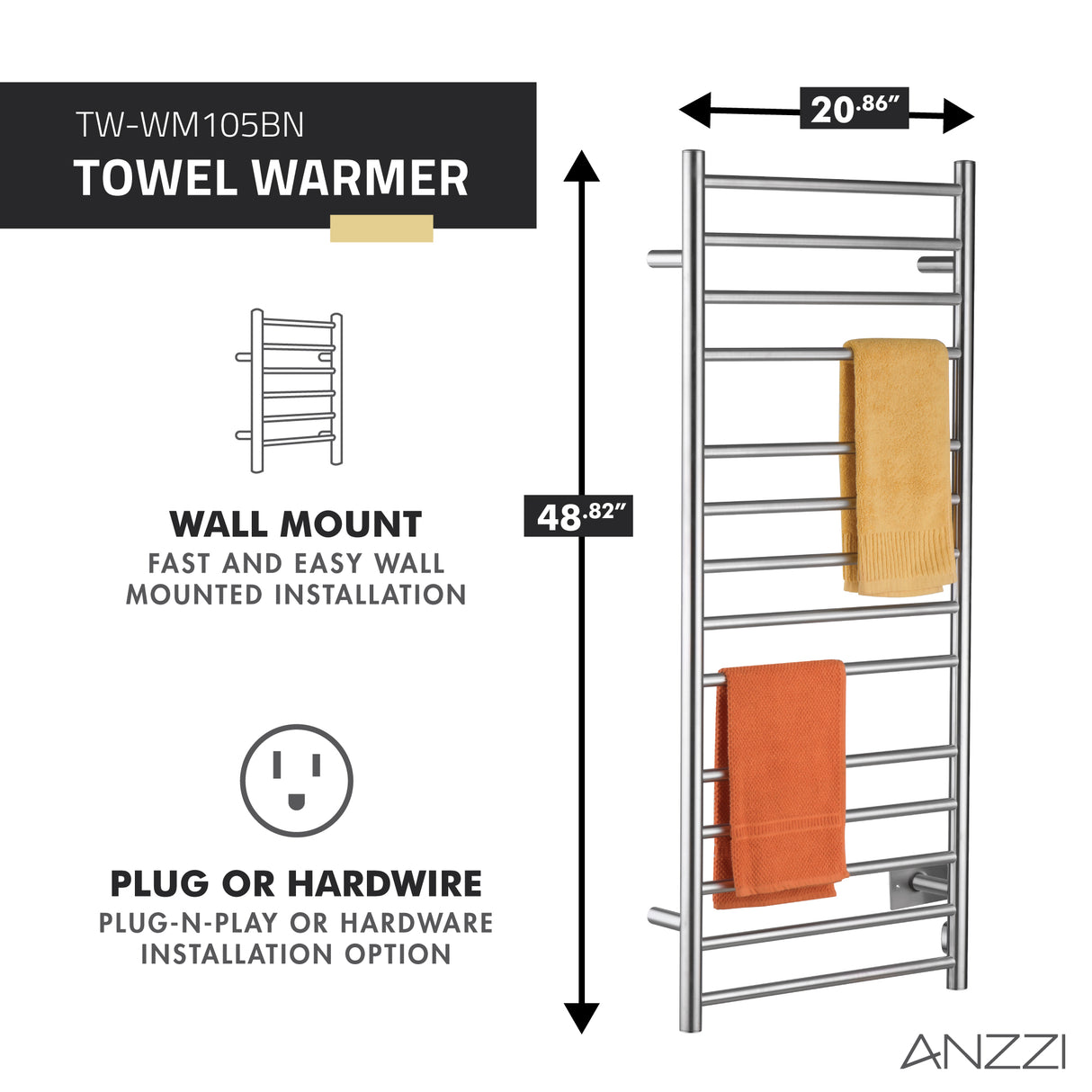 ANZZI TW-WM105BN Elgon 14-Bar Stainless Steel Wall Mounted Towel Warmer Rack with Brushed Nickel Finish