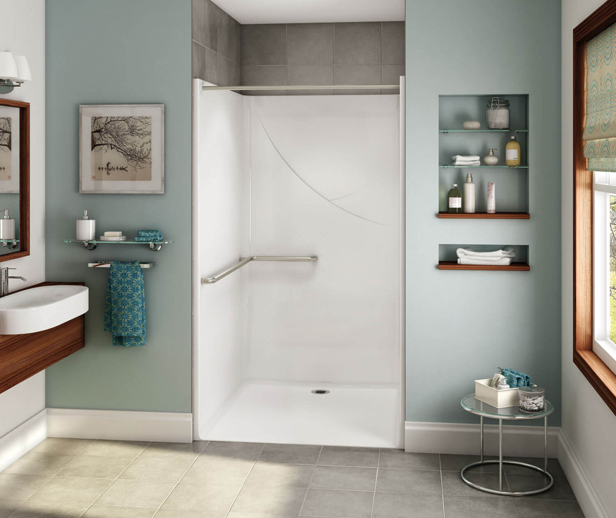 MAAX 106054-000-002-106 OPS-4248 - California Title 24 Grab Bar AcrylX Alcove Center Drain One-Piece Shower in White