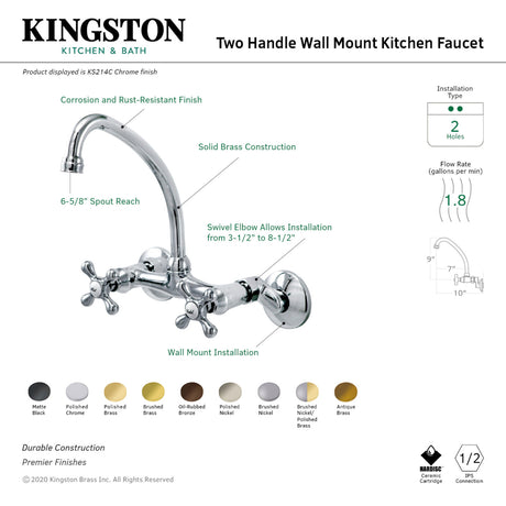 Kingston Brass KS214C Kingston Two Handle Wall Mount Kitchen Faucet, Polished Chrome
