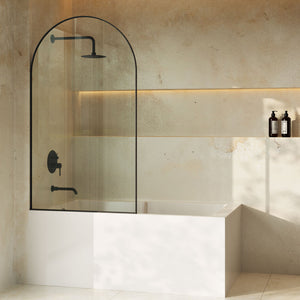 Porte 34 x 58 Framed Fixed 3/8 in. (10mm) Clear Tempered Glass Tub Door with Black Matte Frame