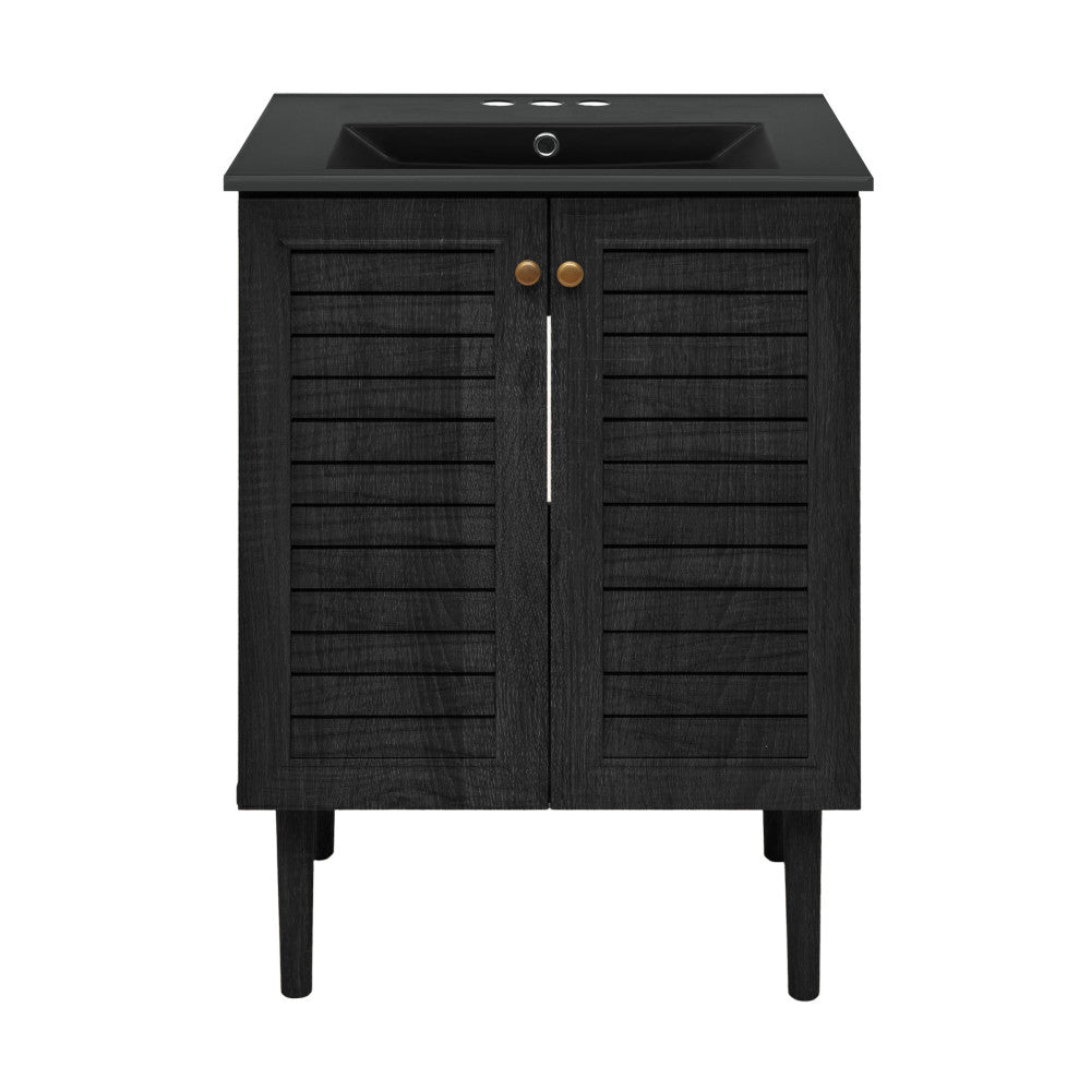 Bron 24" Freestanding Bathroom Vanity in Black Oak with Black 3-Hole Centerset Sink Top