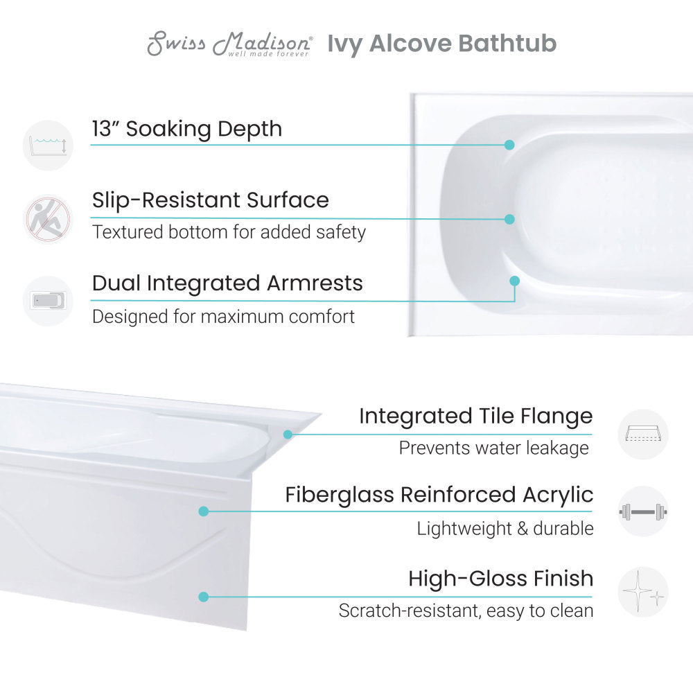 Ivy 60" X 30" Right-Hand Drain Alcove Bathtub with Apron