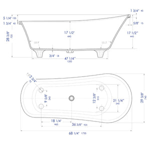 67" White Matte Clawfoot Solid Surface Resin Bathtub