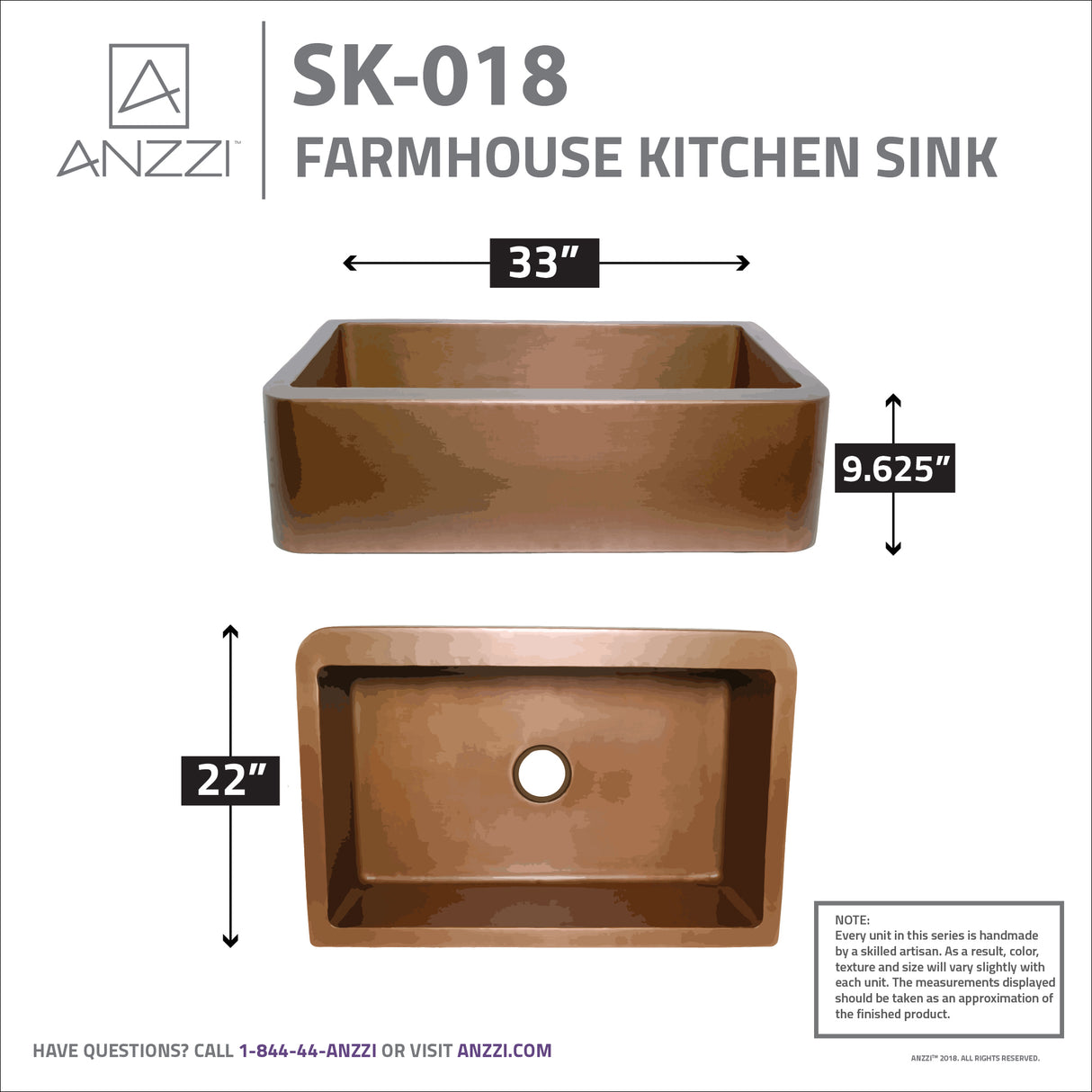 ANZZI SK-018 Cyprus Farmhouse Handmade Copper 33 in. 0-Hole Single Bowl Kitchen Sink in Polished Antique Copper