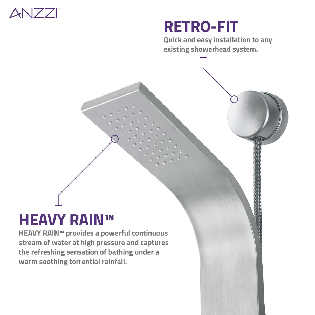 ANZZI SP-AZ078BS Aura 2-Jetted Shower Panel with Heavy Rain Shower & Spray Wand in Brushed Steel