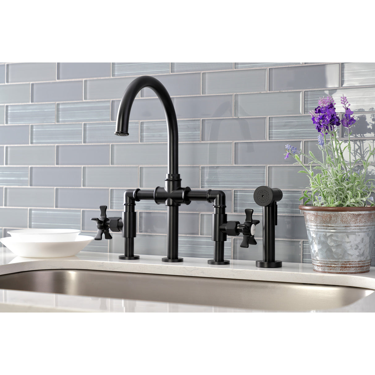 Kingston Brass KS2330NX Hamilton Industrial Style Bridge Kitchen Faucet with Brass Sprayer, Matte Black