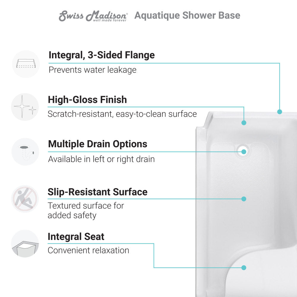 Aquatique 60 X 32 Single Threshold Shower Base With Right Hand Drain and Integral Left Hand Seat in White