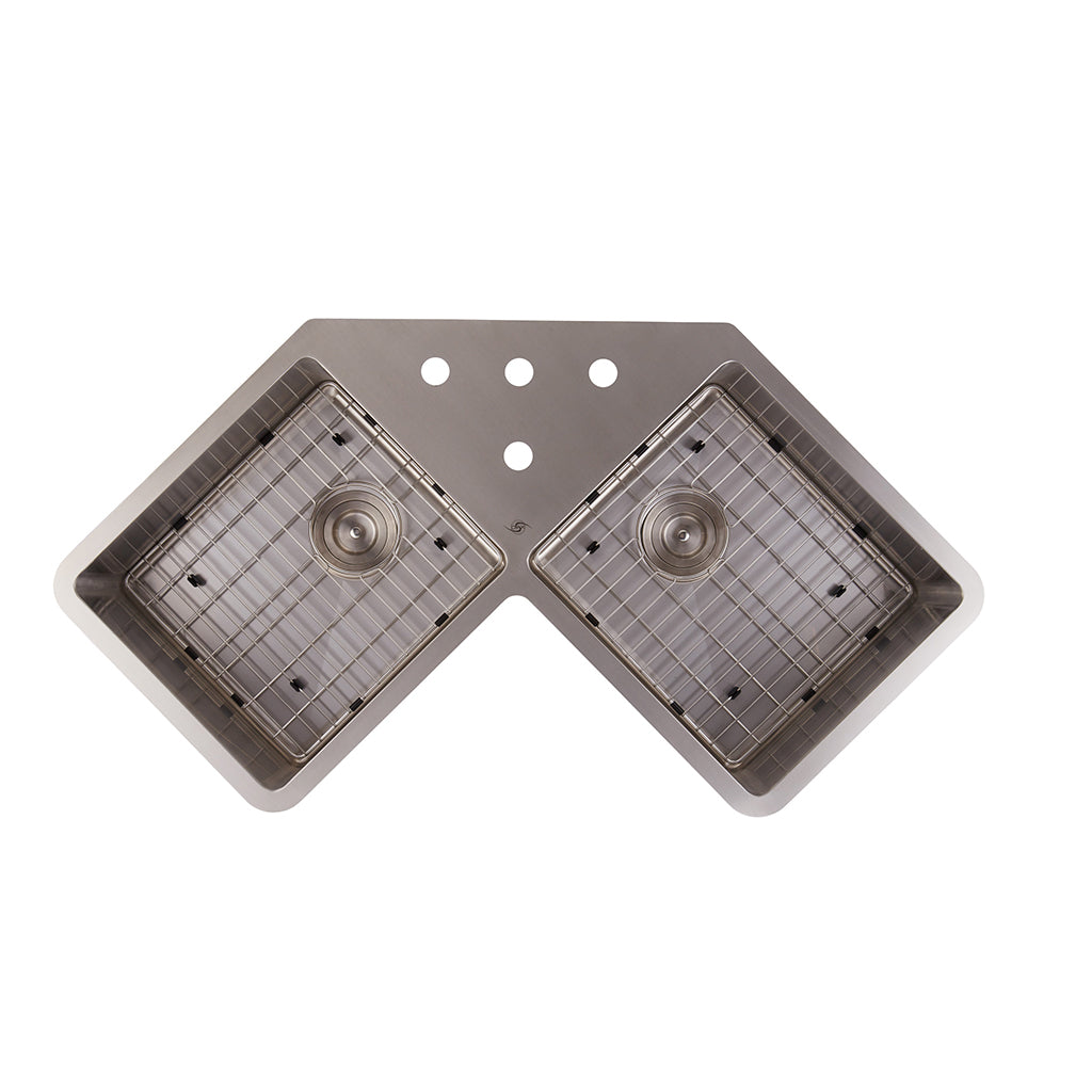 DAX Stainless Steel Handmade Corner Double Bowl Top Mount Kitchen Sink, Brushed Stainless Steel DAX-334