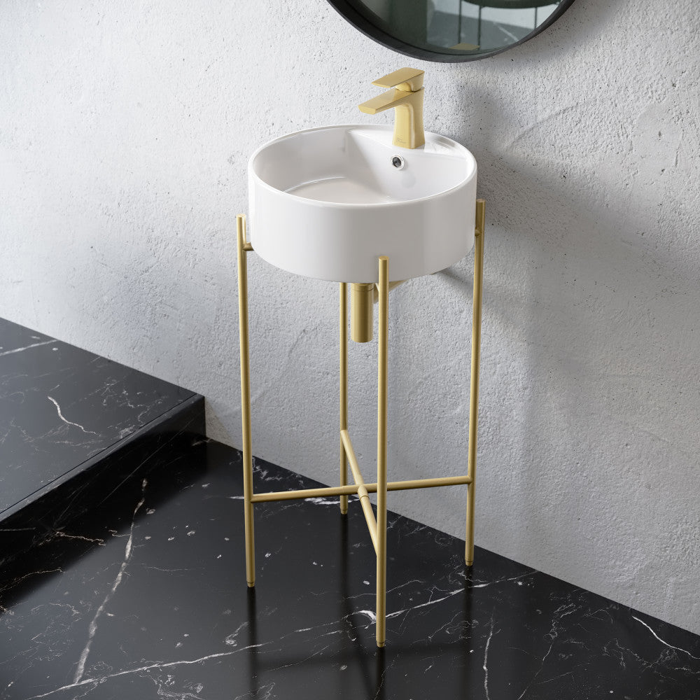 Monaco 15.75" Round Console Sink with Faucet Mount, White Basin Brushed Gold Legs