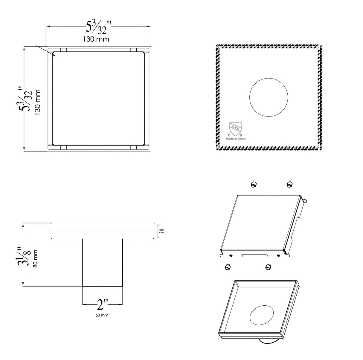 5" x 5" Black Matte Square Stainless Steel Shower Drain with Solid Cover