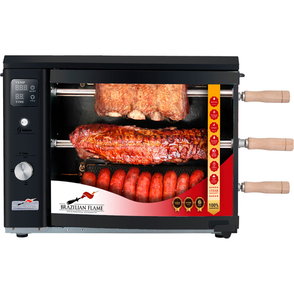 Brazilian Flame BG-03LX-BLACK Gas Rotisserie Brazilian Grill, 3 Skewer Unit, No Upper Tray