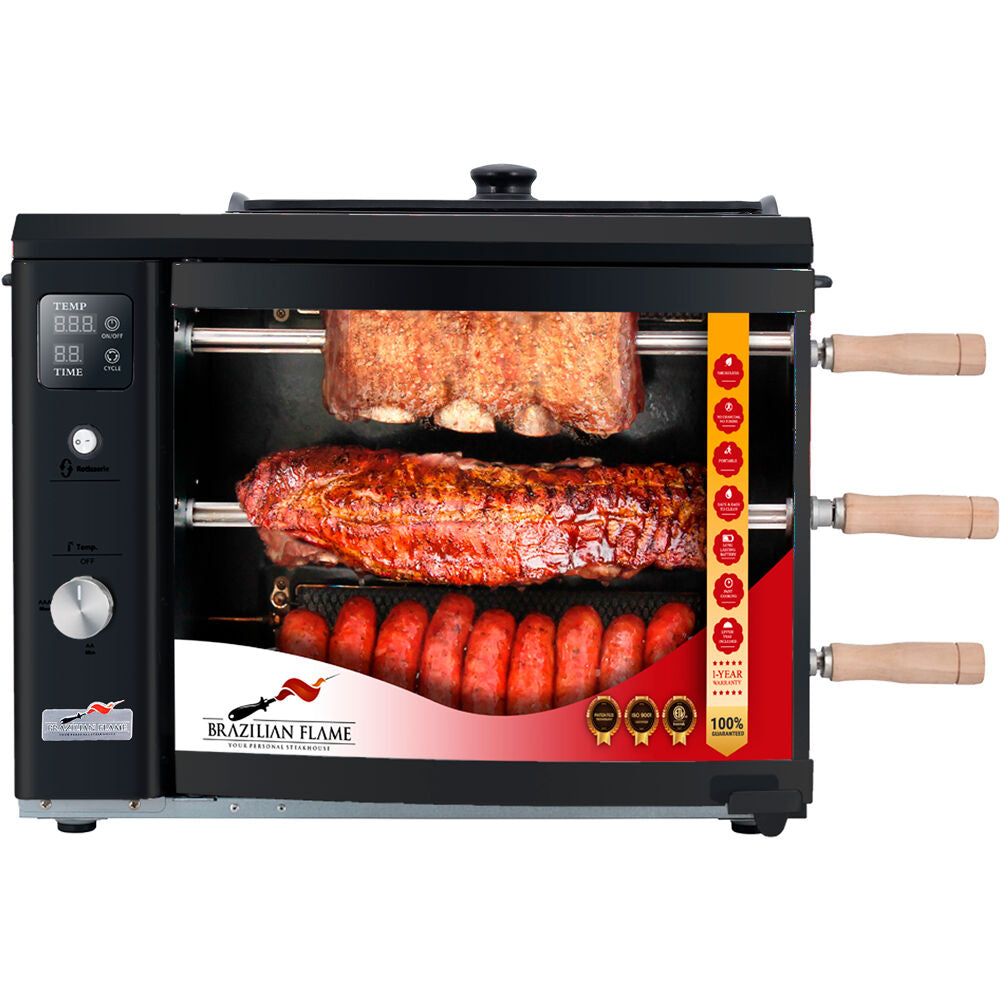 Brazilian Flame BG-03LXK-BLACK Gas Rotisserie Brazilian Grill, 3 Skewer Unit, Upper Tray INCLUDED