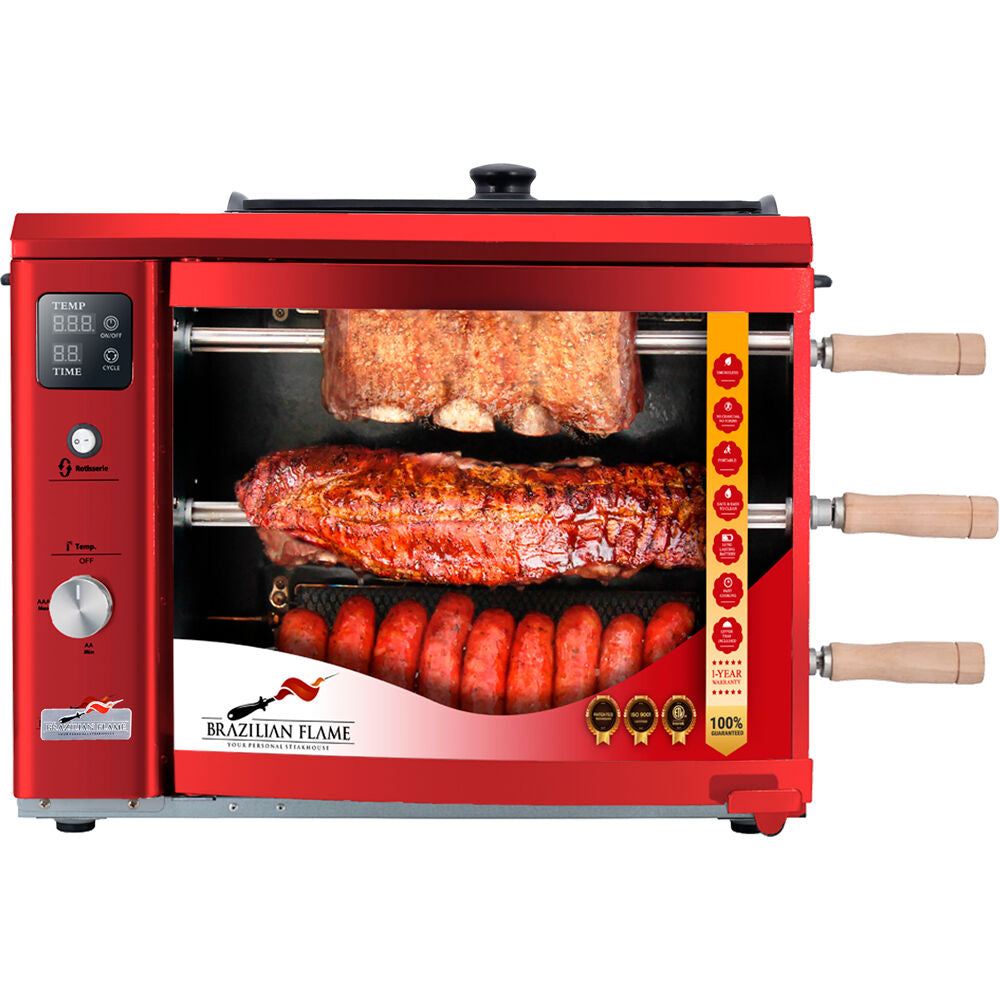 Brazilian Flame BG-03LXK-RED Gas Rotisserie Brazilian Grill, 3 Skewer Unit, Upper Tray INCLUDED