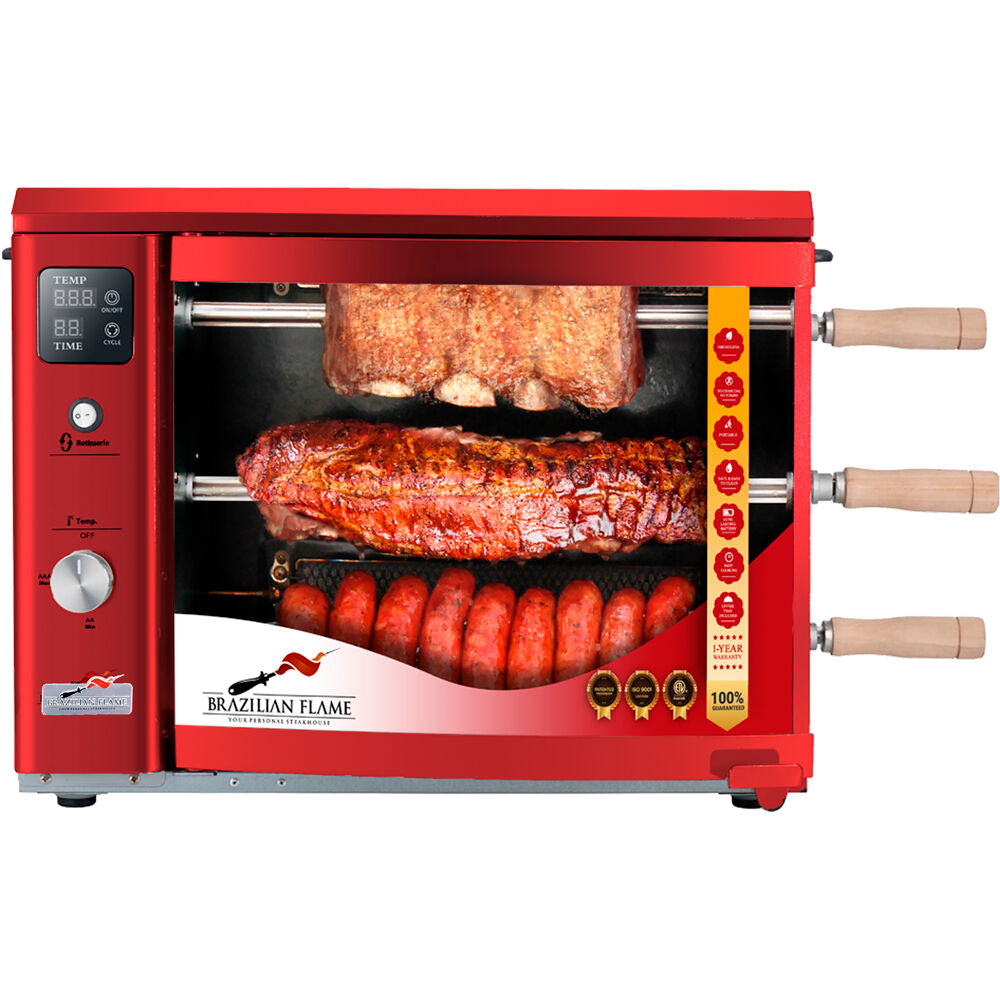 Brazilian Flame BG-03LX-RED Gas Rotisserie Brazilian Grill, 3 Skewer Unit, No Upper Tray