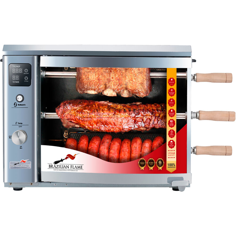 Brazilian Flame BG-03LX-SILVER Gas Rotisserie Brazilian Grill, 3 Skewer Unit, No Upper Tray