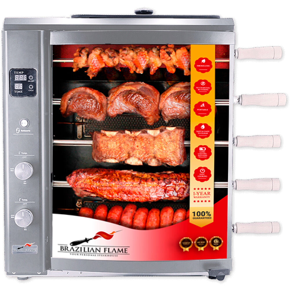 Brazilian Flame BG-05LXK-SILVER Gas Rotisserie Brazilian Grill, 5 Skewer Unit, Upper Tray INCLUDED