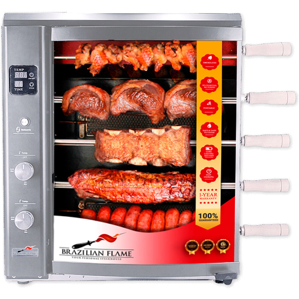 Brazilian Flame BG-05LX-SILVER Gas Rotisserie Brazilian Grill, 5 Skewer Unit, No Upper Tray