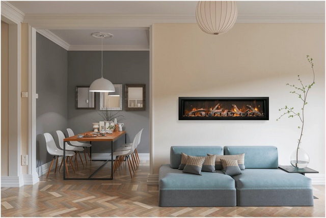 Amantii BI-72-DEEP-OD Panorama Deep Full View Smart Electric  - 72" Indoor /Outdoor WiFi Enabled Fireplace, featuring a MultiFunction Remote, Multi Speed Flame Motor, Glass Media & a Black Trim