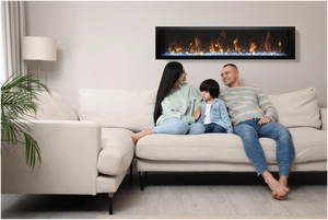 Amantii BI-60-SLIM-OD Panorama Slim Full View Smart Electric  - 60" Indoor /Outdoor WiFi Enabled Fireplace, featuring a MultiFunction Remote, Multi Speed Flame Motor, Glass Media & a Black Trim