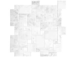 Anatolia Tile Bianco Venatino Mini Versailles Honed Marble Natural Stone Mosaics. 1 Sheet = 1 Sq. Ft. 5001-0026-0 (76-171) Bianco Venatino Mini Versailles Honed - premium natural stone mosaic tile from Anatolia Tile, available at PoshHaus showroom in Keene, NH