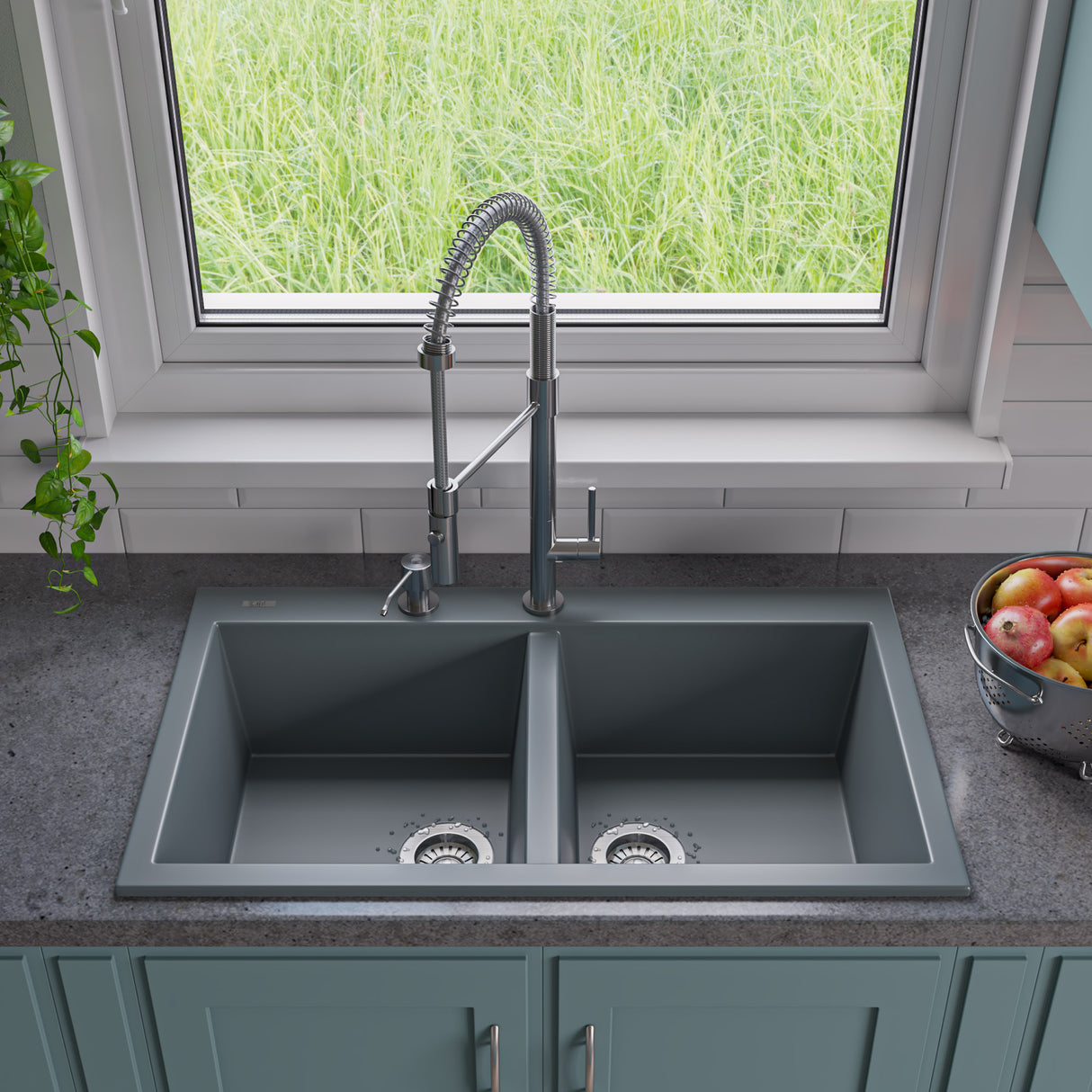 ALFI brand AB3420DI-T Titanium 34" Drop-In Double Bowl Granite Composite Kitchen Sink