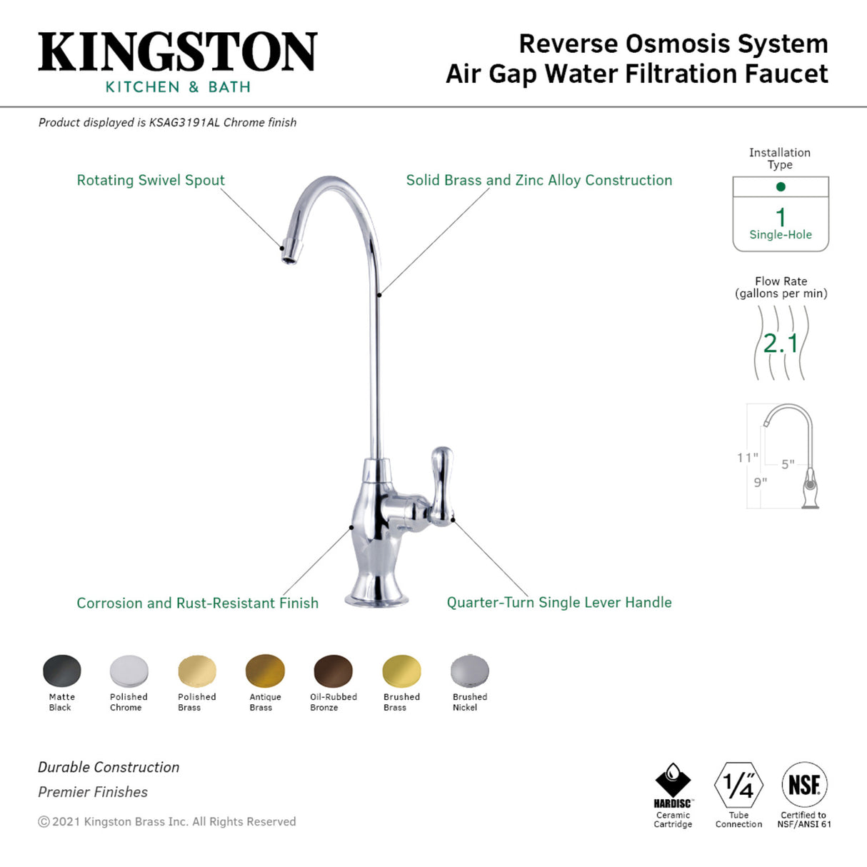 Kingston Brass KSAG3190AL Restoration Reverse Osmosis System Filtration Water Air Gap Faucet, Matte Black