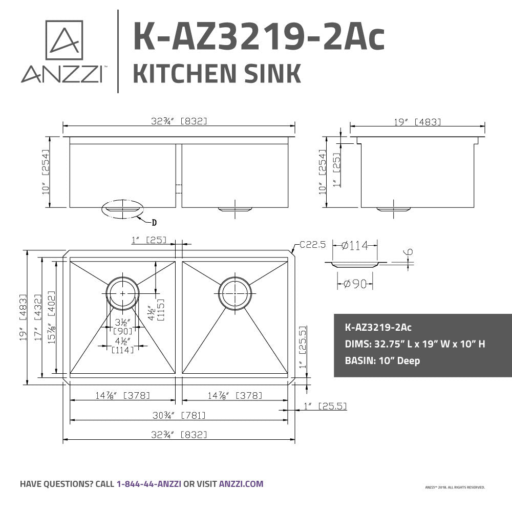 ANZZI K-AZ3219-2Ac Aegis Undermount Stainless Steel 32.75 in. 0-Hole 50/50 Double Bowl Kitchen Sink with Cutting Board and Colander
