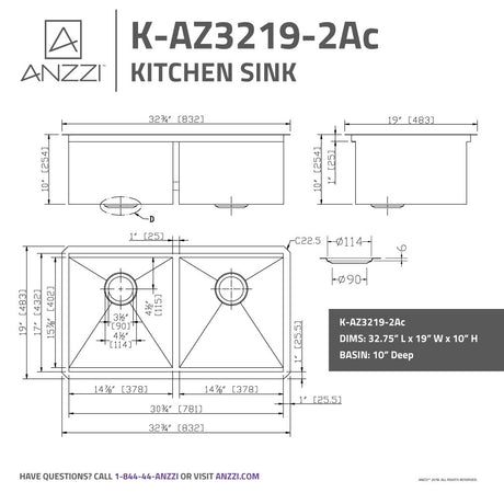 ANZZI K-AZ3219-2Ac Aegis Undermount Stainless Steel 32.75 in. 0-Hole 50/50 Double Bowl Kitchen Sink with Cutting Board and Colander