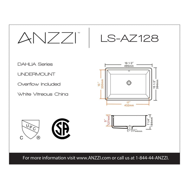 ANZZI LS-AZ128 Dahlia Series 19.5 in. Ceramic Undermount Sink Basin in White